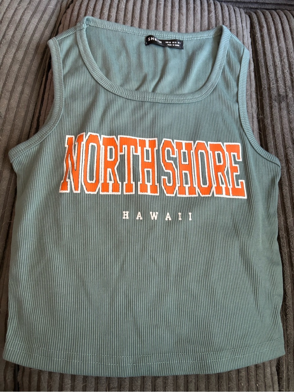 SHEIN Sage Green Ribbed Tank with Orange NORTHSHORE Print